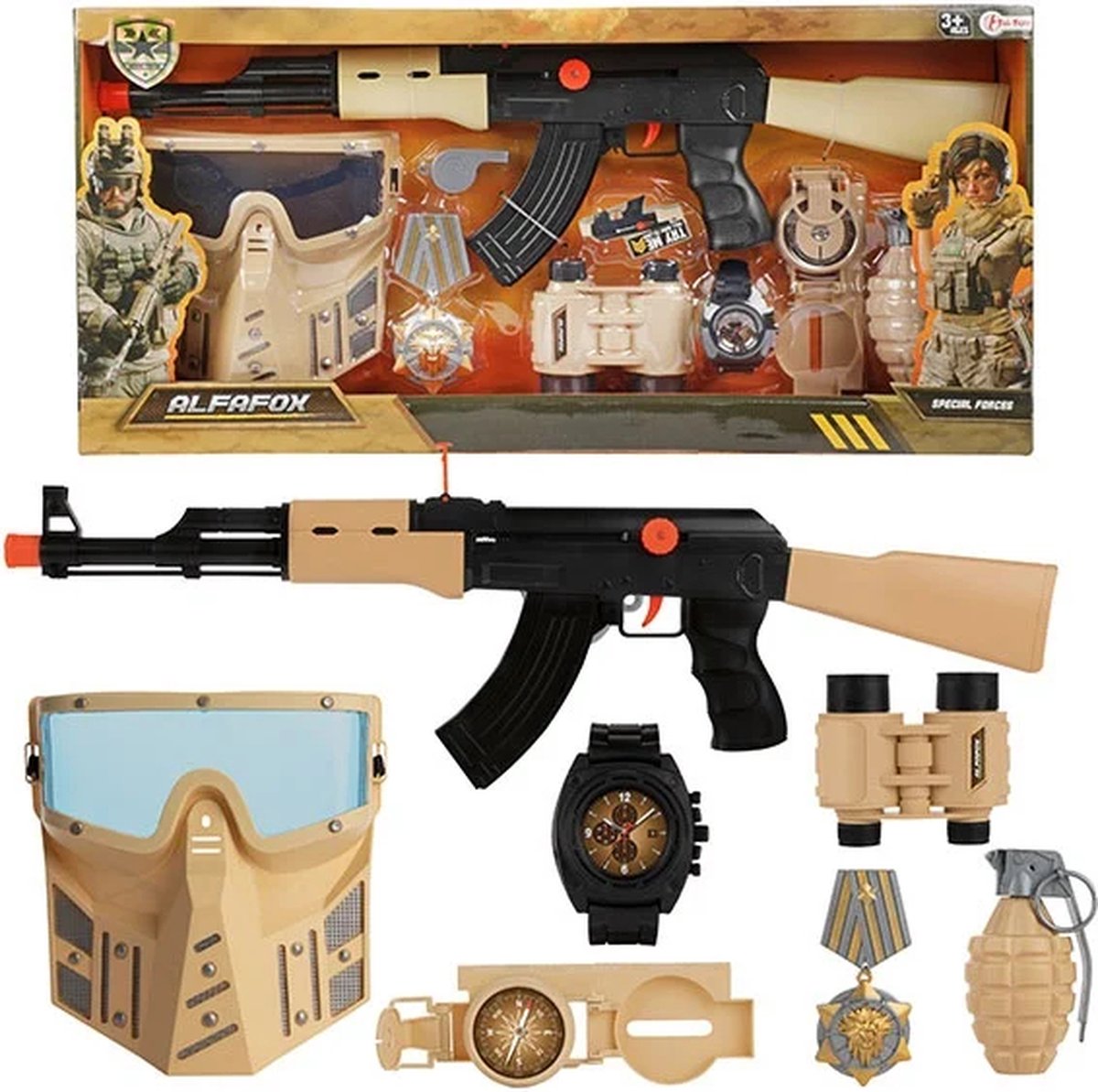 ALFAFOX Militaire set -Desert L- o.a. geweer & masker | | verrekijker | soldaatje spelen | 8-delig